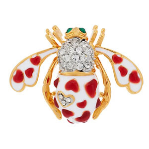Joan Rivers Pave Crystal BEE PIN Brooch HEARTS Lots Of Love White Enameled Gold